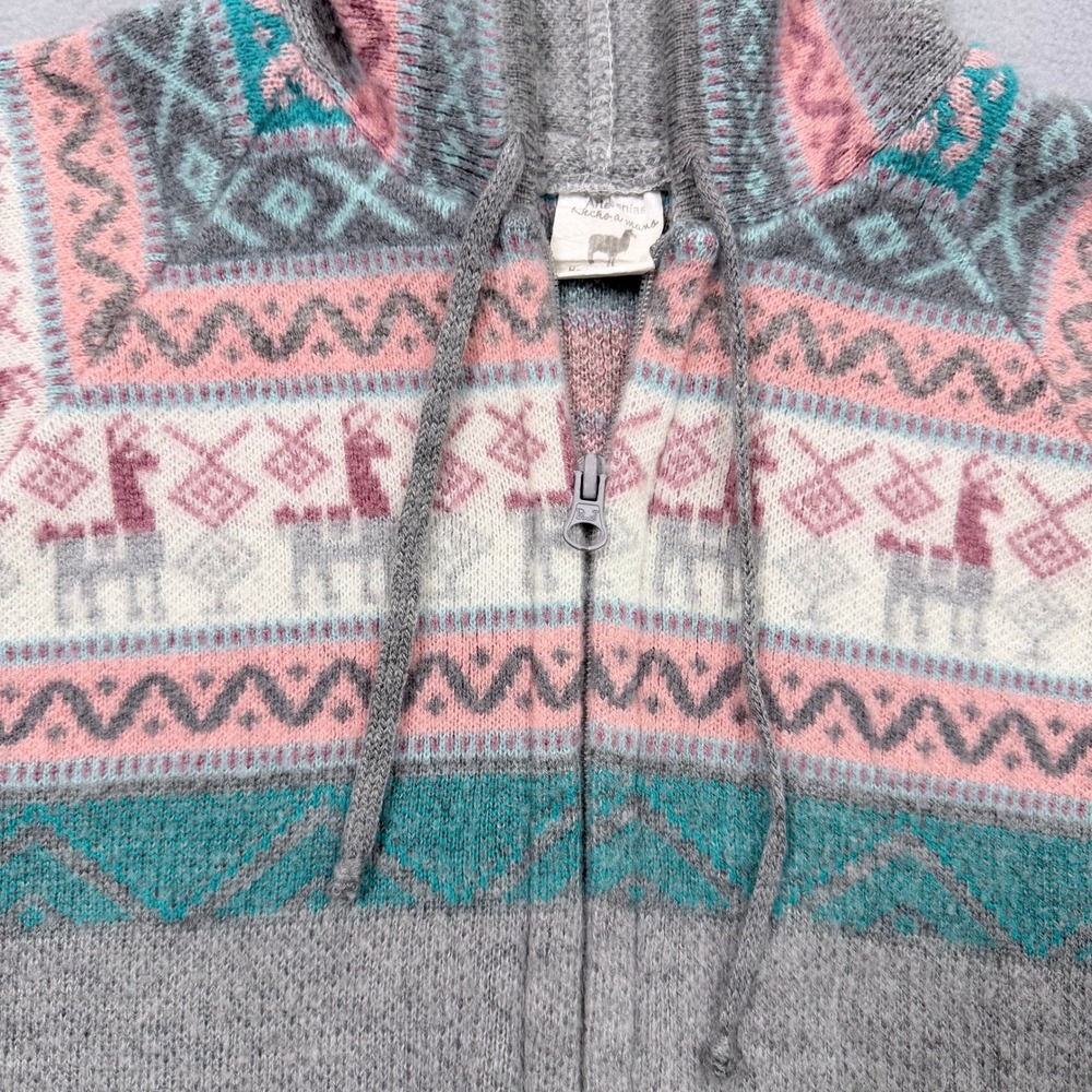 Boho Artisan Ecuador Llama Wool Knit Zip Up Hoodie Cardigan Jacket Youth 10 Gray - Picture 3 of 10